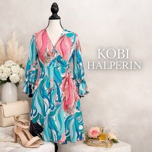 Kobi Halperin Dress XS NWT $498 Silk Abstract Print Ruffle Sleeve Boho Midi